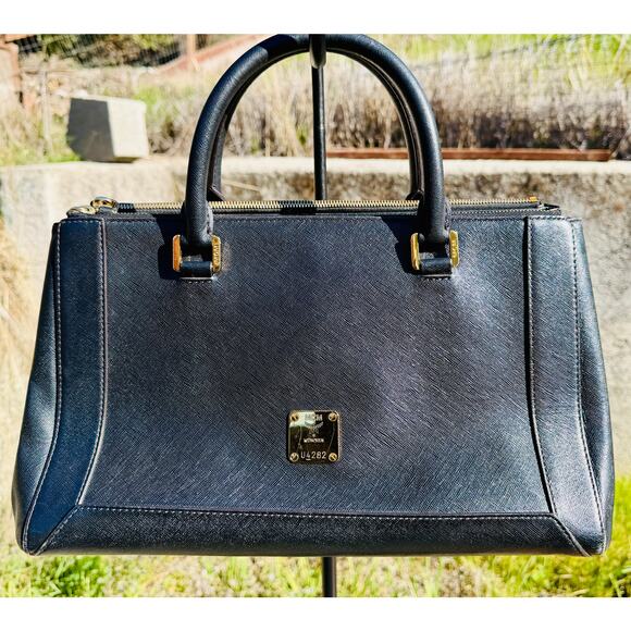 MCM Black Leather Top Handle Satchel Crossbody Bag | Authentic - Picture 3 of 9